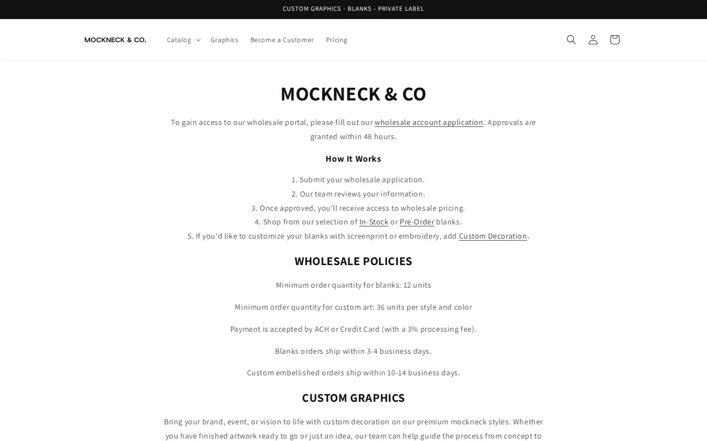 Mockneck & Co wholesale page with a five-step How it works list and wholesale policies for minimums, payment and shipping times