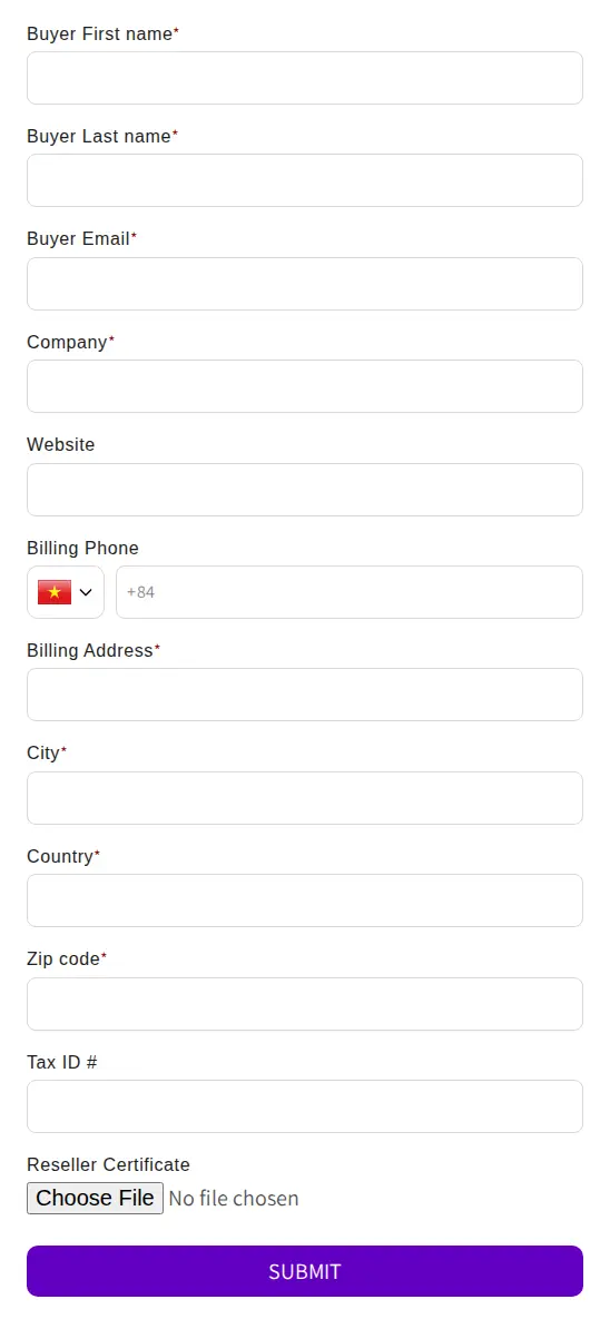 Mockneck & Co wholesale application form with buyer, company, website, billing address, Tax ID and Reseller Certificate upload fields