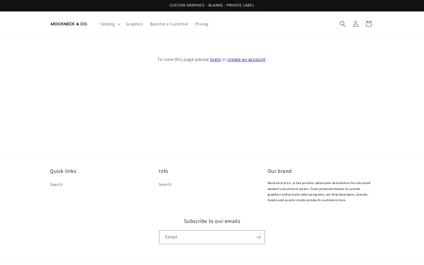Mockneck & Co collection page showing the message To view this page please login or create an account