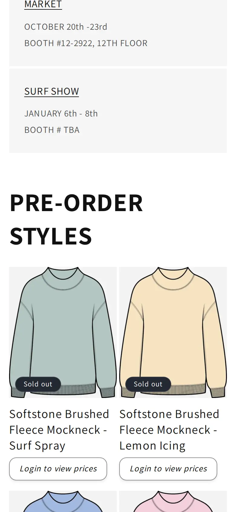 Mockneck & Co homepage on a phone with pre-order style cards and Login to view prices buttons