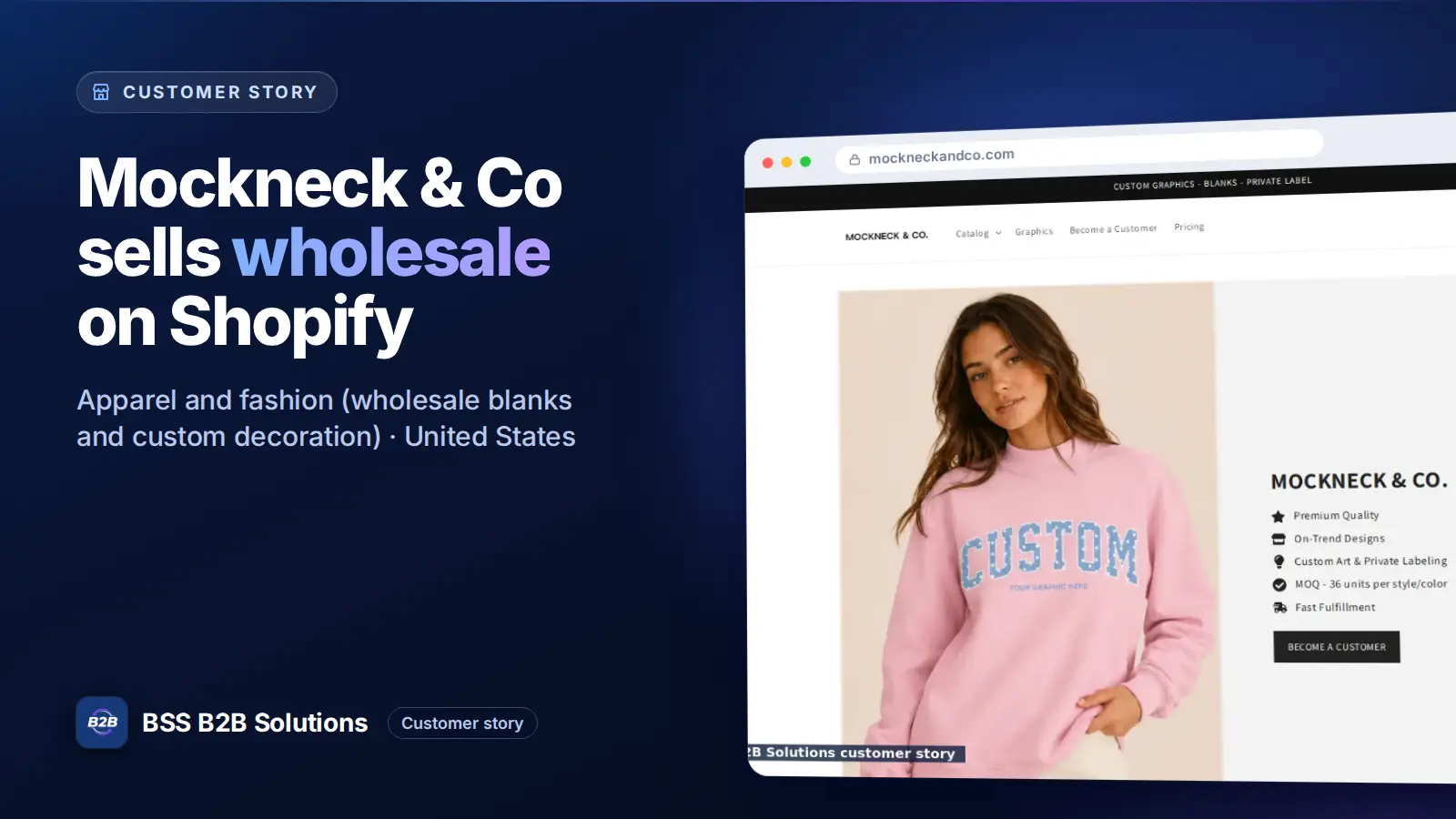 Browser window showing the merchant storefront, Mockneck & Co sells wholesale on Shopify. Cover for: Mockneck & Co: How a Blanks and Private Label Brand Locks Its Catalog on Shopify
