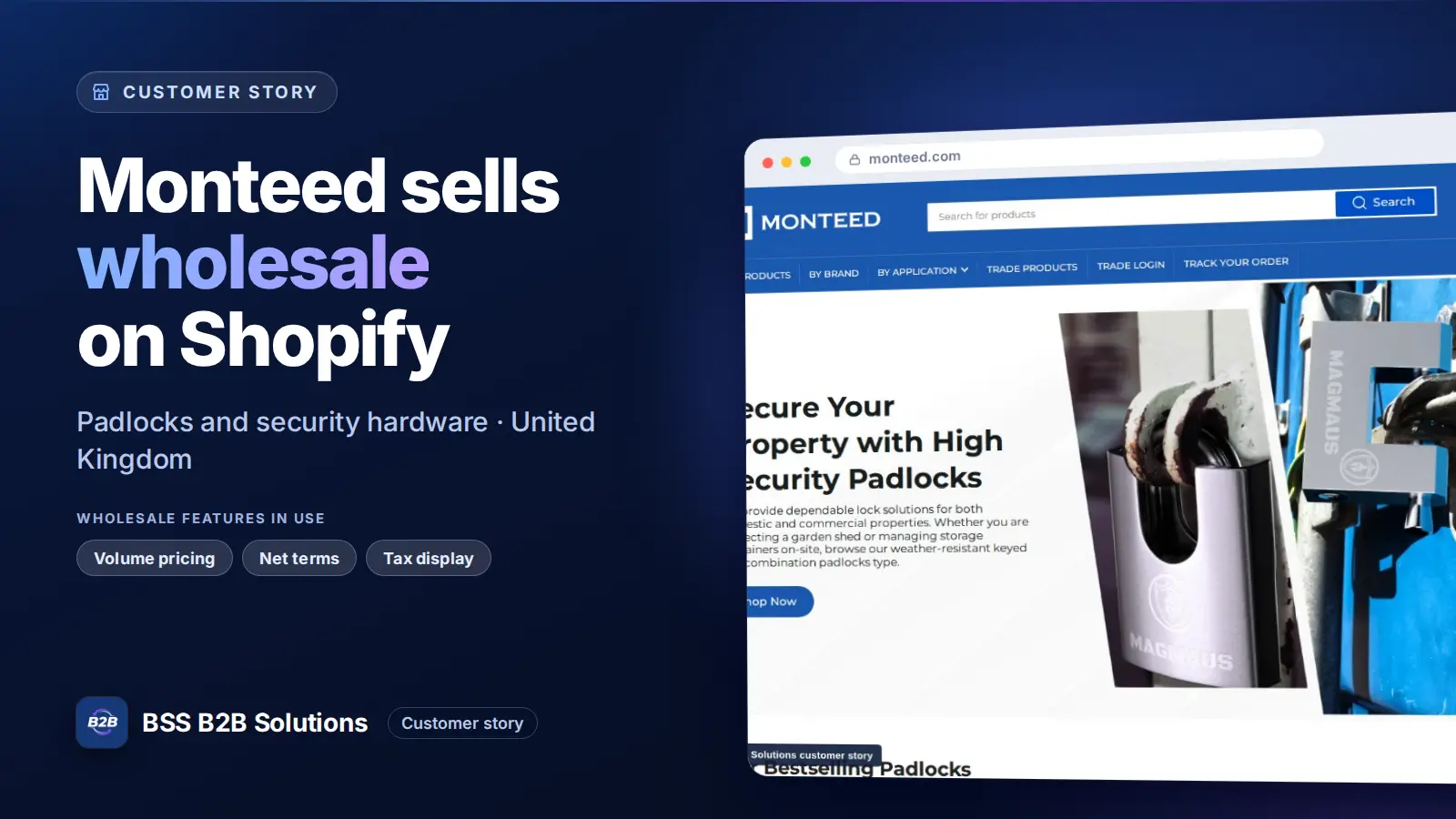 Browser window showing the merchant storefront, Monteed sells wholesale on Shopify. Cover for: Monteed: How a UK Padlock Supplier Runs Retail and Trade Pricing on Shopify