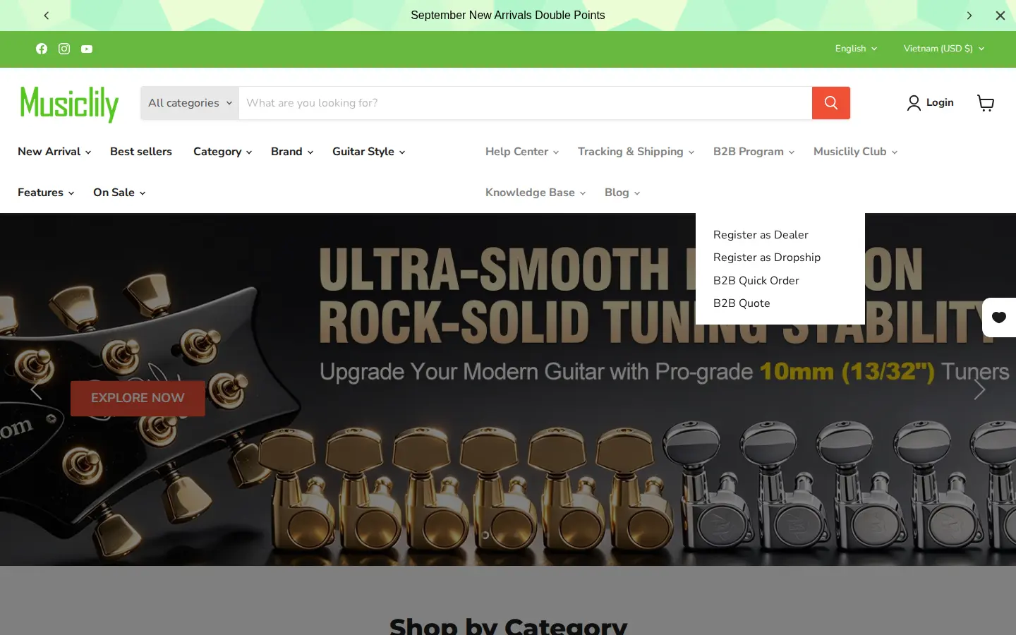 Musiclily navigation with the B2B Program menu open showing Register as Dealer, Register as Dropship, B2B Quick Order and B2B Quote