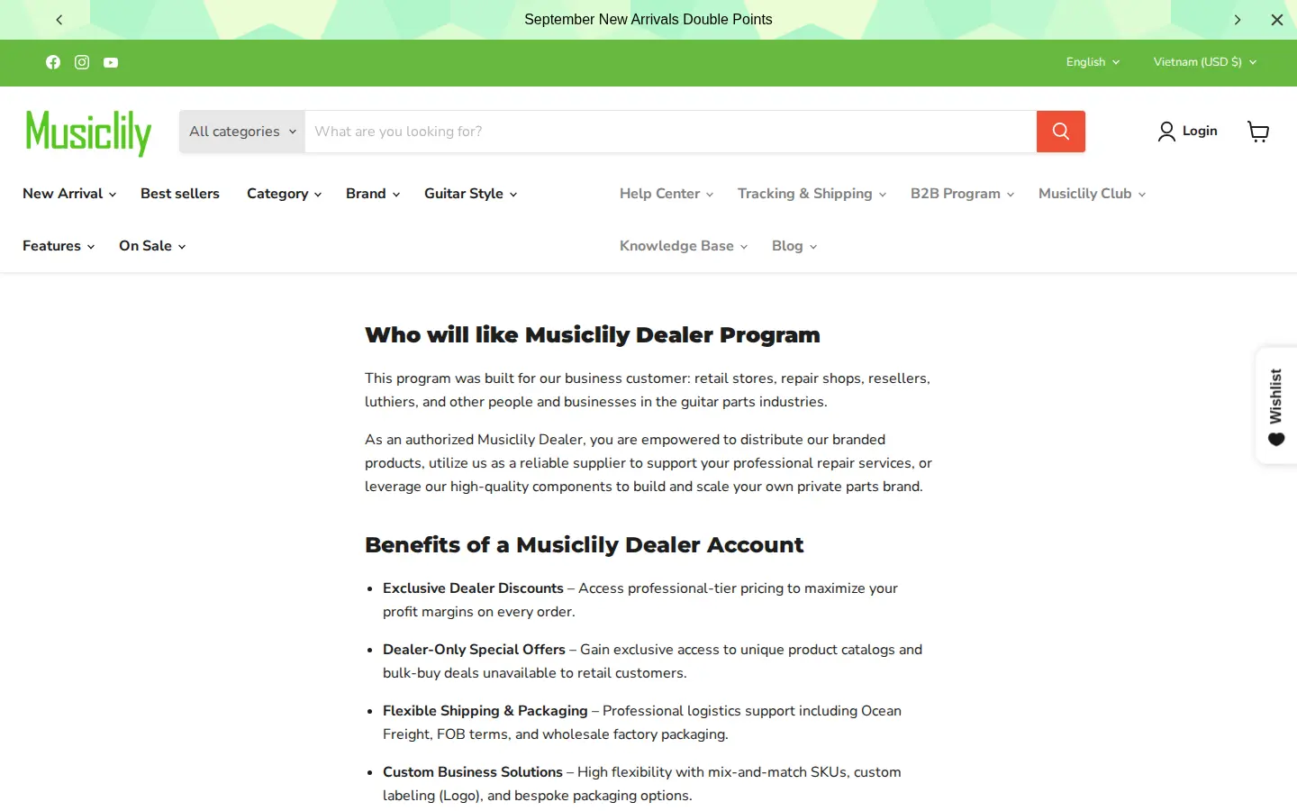Musiclily Dealer Program page explaining who the program is for and listing the benefits of a dealer account