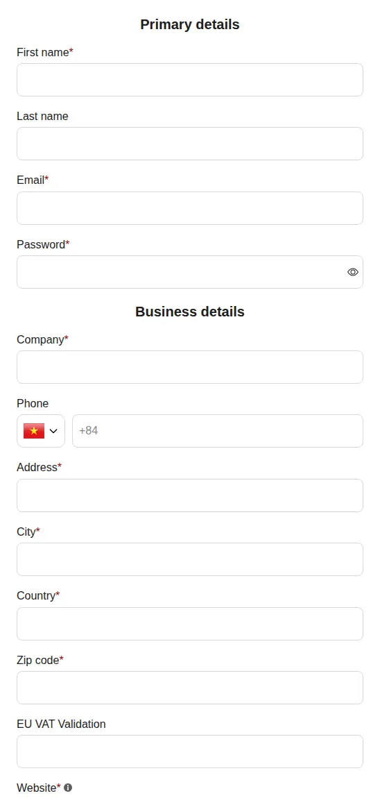 Musiclily dealer registration form with primary details, company, phone, address, EU VAT validation and website fields