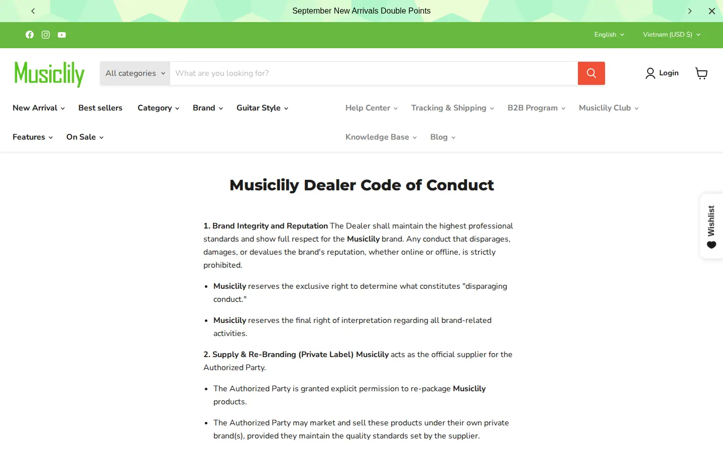 Musiclily Dealer Code of Conduct page with sections on brand integrity and private label supply