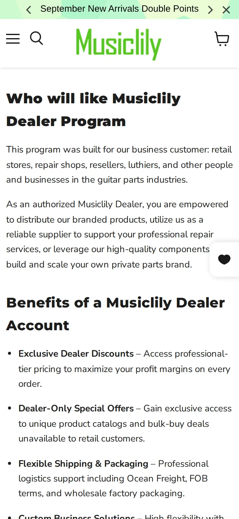 Musiclily Dealer Program page on a phone with the program description and the first benefits