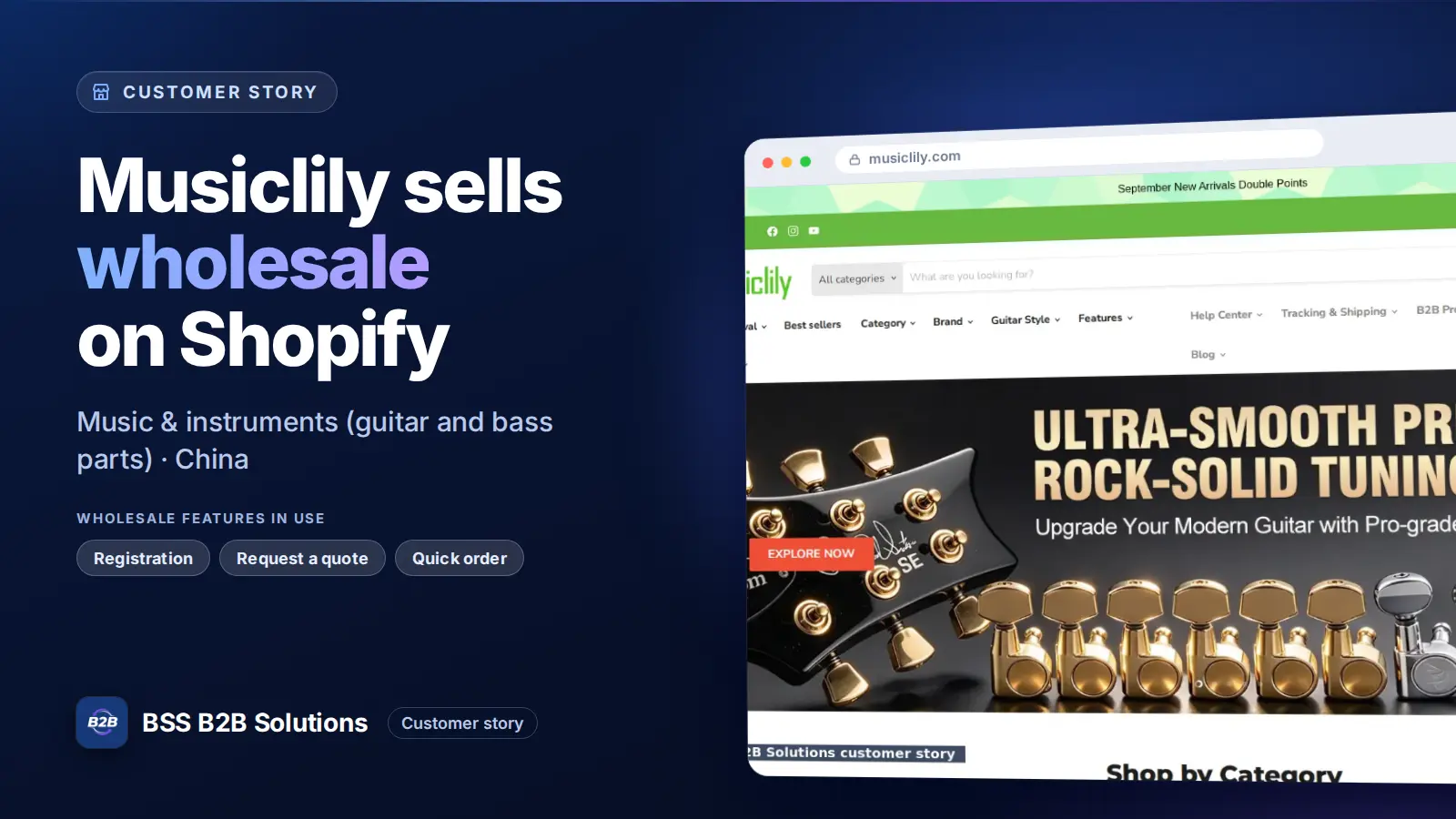 Browser window showing the merchant storefront, Musiclily sells wholesale on Shopify. Cover for: Musiclily: How a Guitar Parts Supplier Runs Dealer Accounts on Shopify
