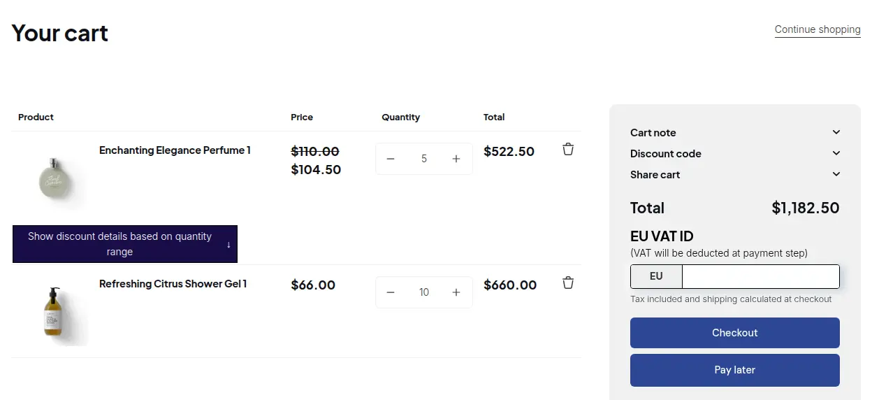 Demo storefront cart page showing the Pay later button below the Checkout button for a customer who matches a Net Terms rule