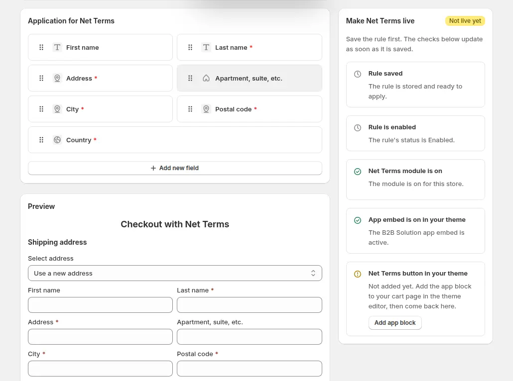 Application for Net Terms card with address fields and a live preview of the Checkout with Net Terms form