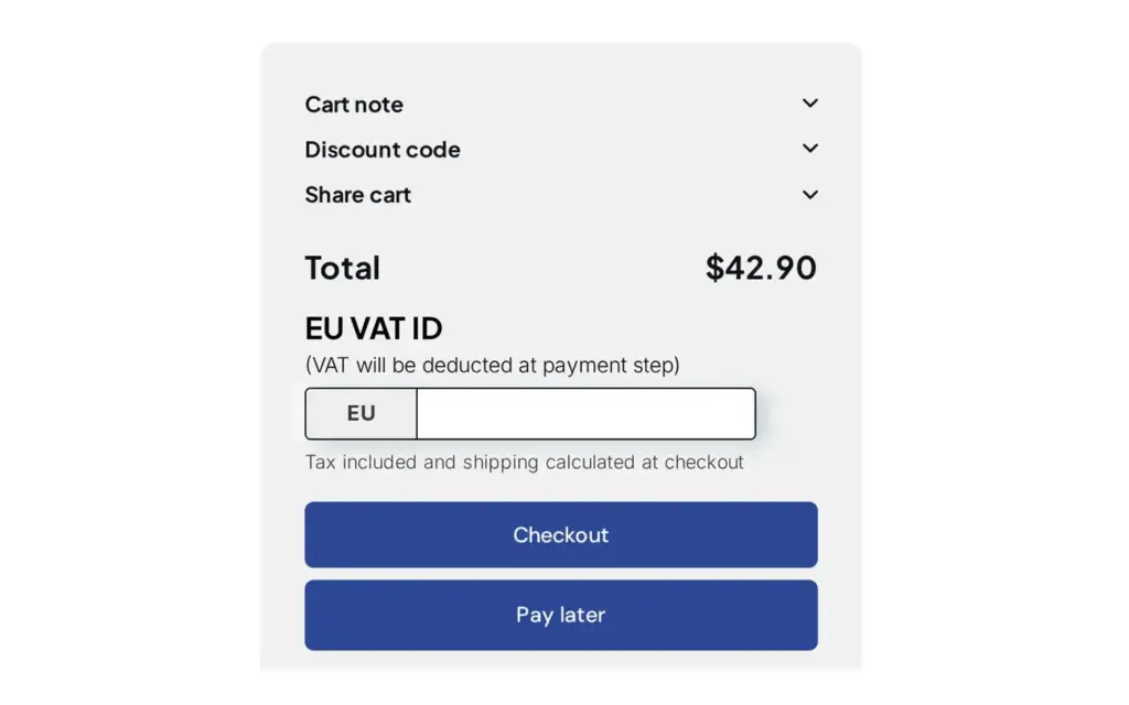 Demo storefront cart summary for a Net Terms customer with a Checkout button and a Pay later button