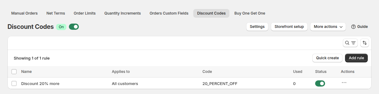 BSS B2B Solution Discount Codes rule list with a demo rule and a 20 percent code
