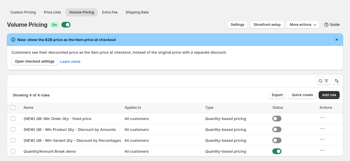 BSS B2B Solution Volume Pricing rule list with four demo quantity-based pricing rules