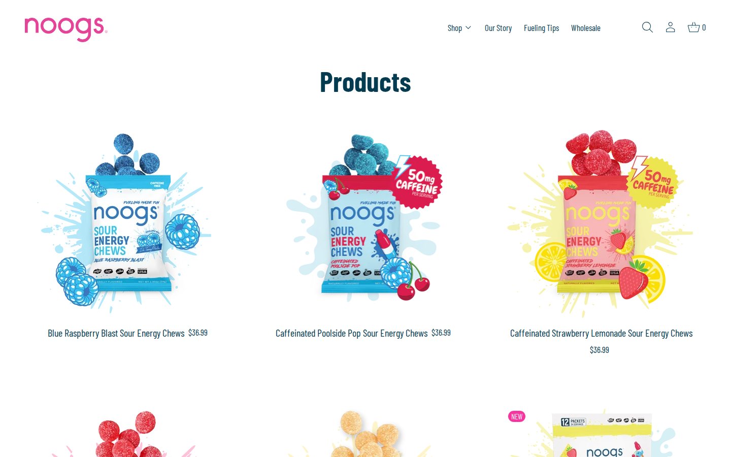 Noogs product listing page with sour energy chews at 36.99 dollars each