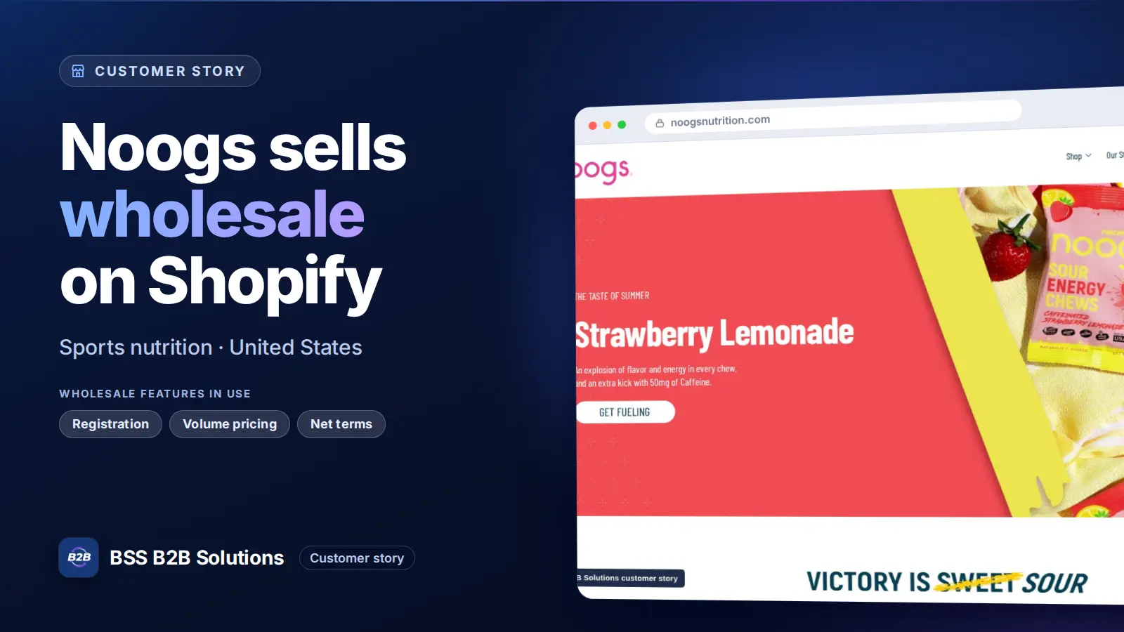 Browser window showing the merchant storefront, Noogs sells wholesale on Shopify. Cover for: Noogs: How a Sports Nutrition Brand Recruits Retailers on Shopify