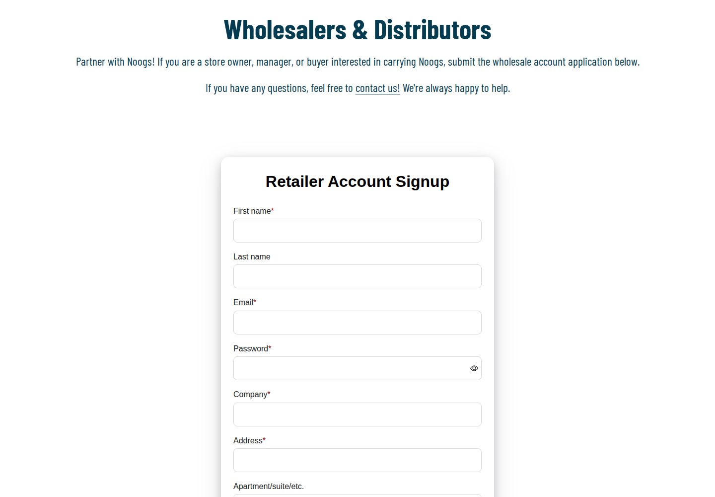 Top of the Noogs Retailer Account Signup form with first name, last name, email, password, company and address fields