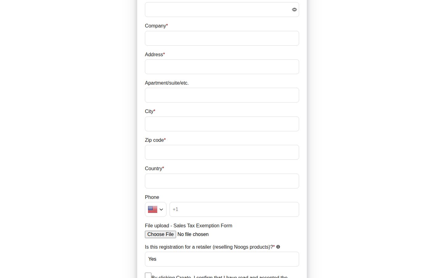 Lower part of the Noogs Retailer Account Signup form with a sales tax exemption file upload and a retailer yes or no question