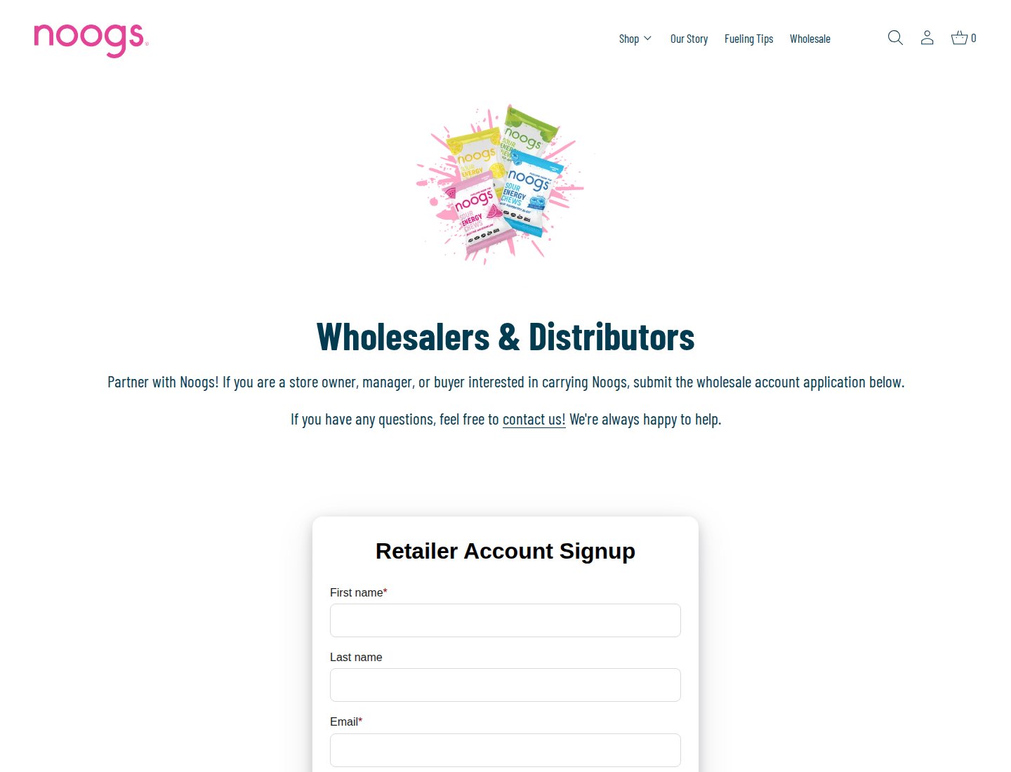 Noogs wholesale page with the heading Wholesalers and Distributors and the start of a Retailer Account Signup form