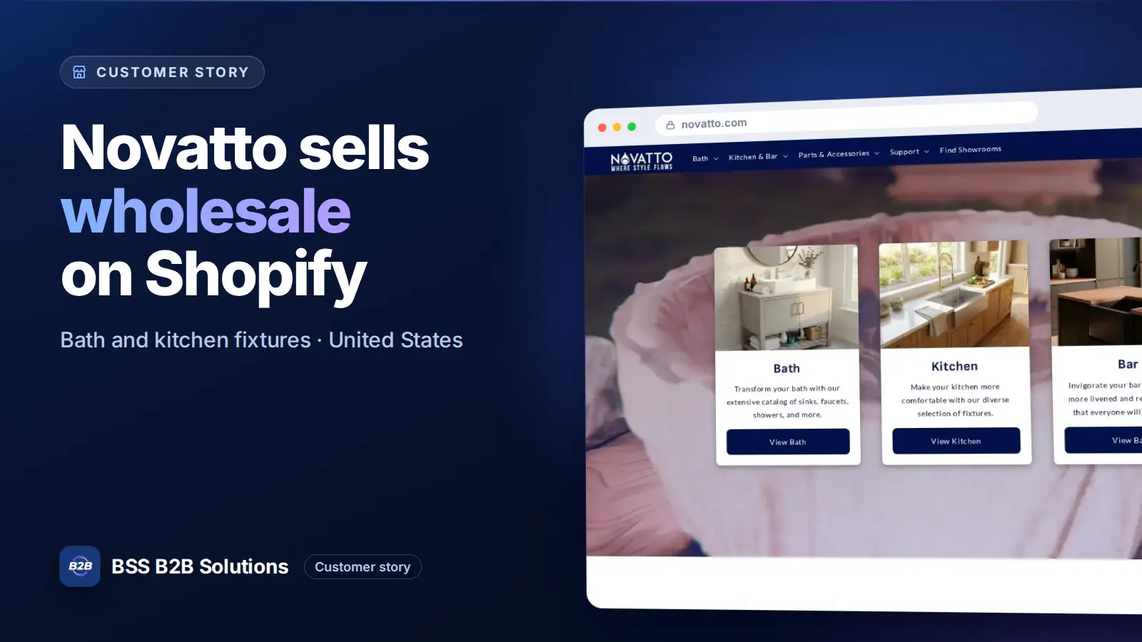 Browser window showing the merchant storefront, Novatto sells wholesale on Shopify. Cover for: Novatto: How a US Bath and Kitchen Fixture Brand Runs Dealer Pricing on Shopify