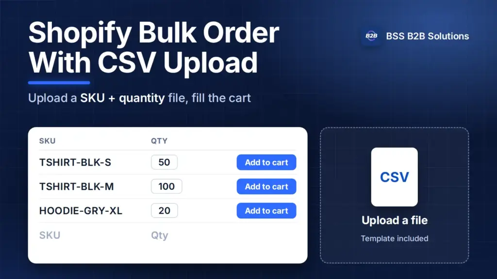 Shopify bulk order with CSV upload: SKU and quantity rows and a CSV file