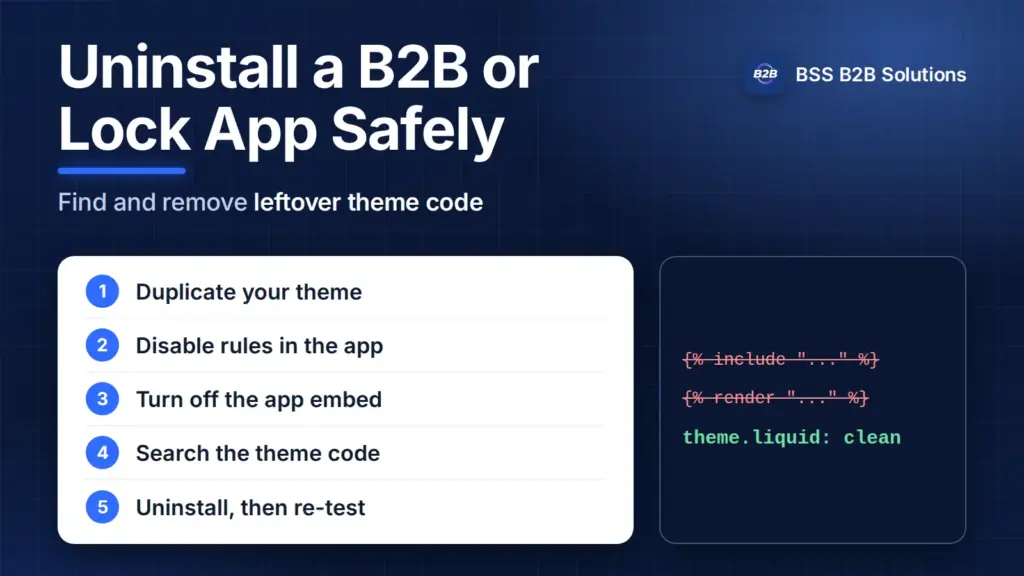 Uninstall a Shopify B2B or lock app: a five-step checklist and leftover theme code to remove