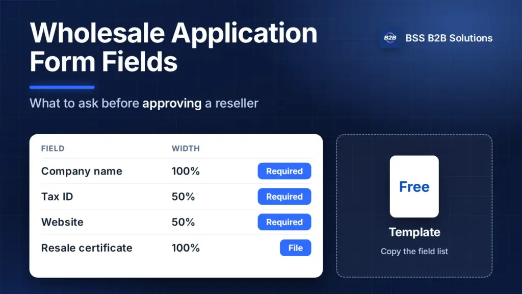 Wholesale application form fields: a field list with widths and a free template