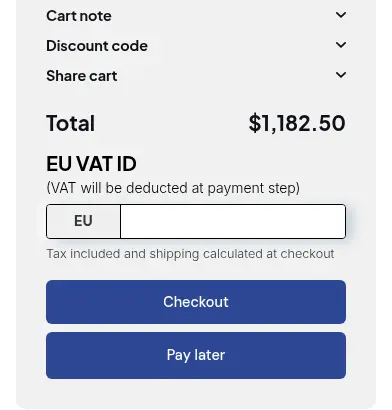 Demo storefront cart summary with an EU VAT ID box, a Checkout button and a Pay later button