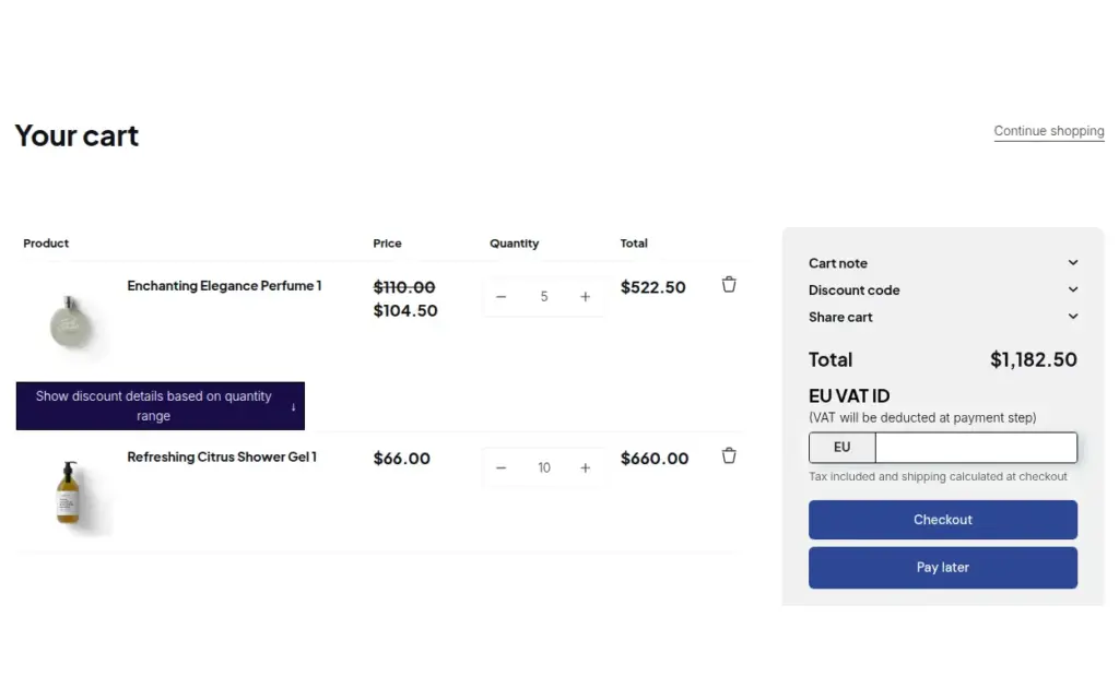 Demo storefront cart page for a Net Terms customer with a Checkout button and a Pay later button below the EU VAT ID box