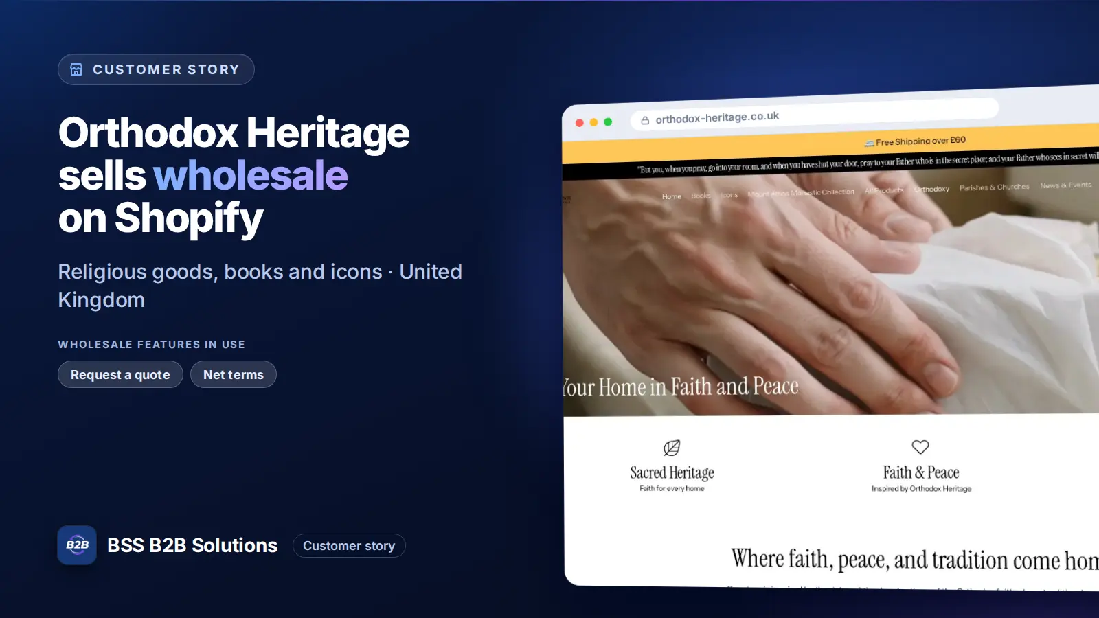 Browser window showing the merchant storefront, Orthodox Heritage sells wholesale on Shopify. Cover for: Orthodox Heritage: How a UK Church Supplier Gives Parishes Trade Terms