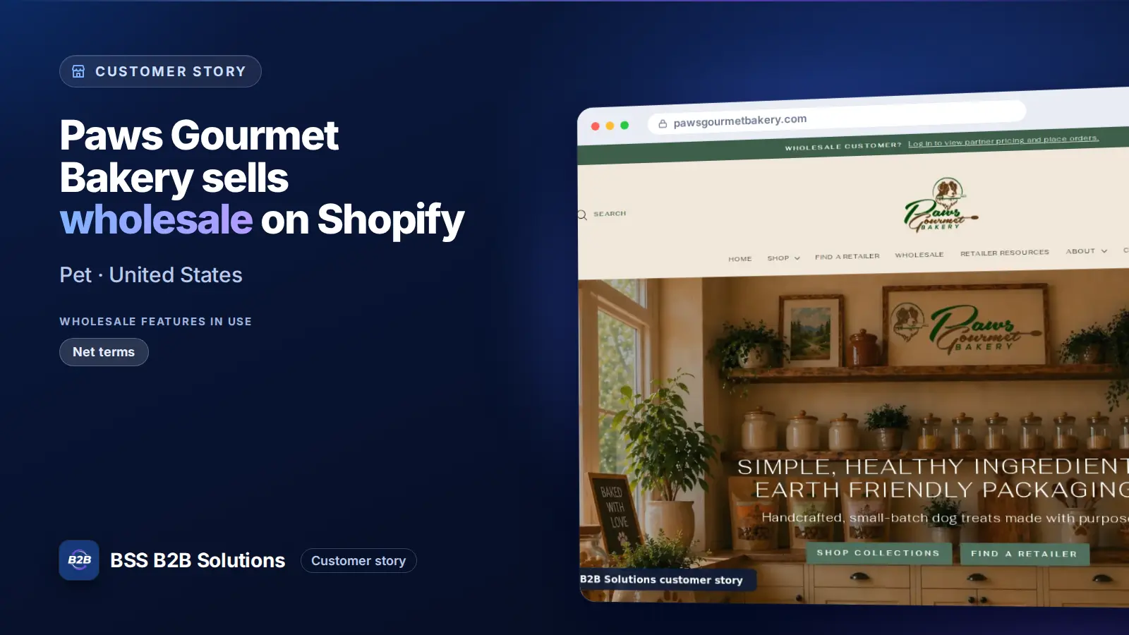 Browser window showing the merchant storefront, Paws Gourmet Bakery sells wholesale on Shopify. Cover for: Paws Gourmet Bakery: How a US pet bakery runs wholesale and retail on Shopify