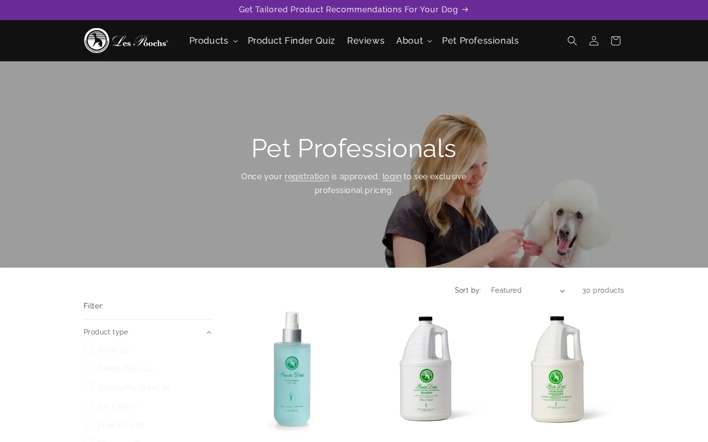 Pet Professionals collection page on lespoochs.com with the line Once your registration is approved, login to see exclusive professional pricing