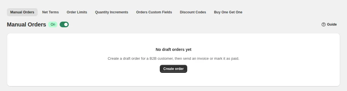 Manual Orders page in the BSS B2B Solution admin with the module on and a Create order button