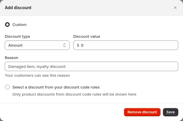 Add discount dialog in the manual order builder with a custom amount or percentage and a reason
