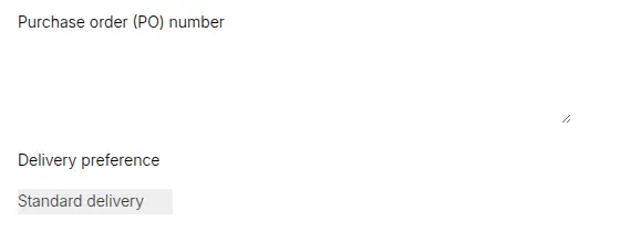 Cart page fields: a Purchase order (PO) number text area and a Delivery preference dropdown set to Standard delivery