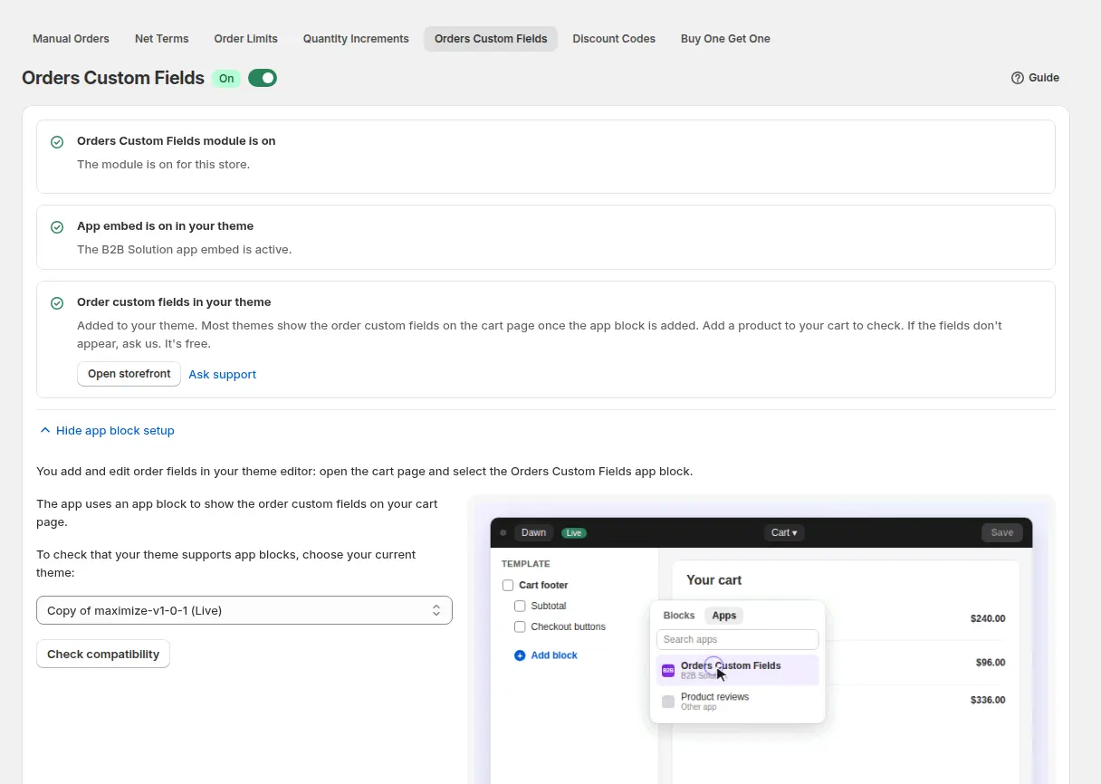 Orders Custom Fields page in the BSS B2B Solution admin showing that the module and the app embed are on and the app block setup for the cart page