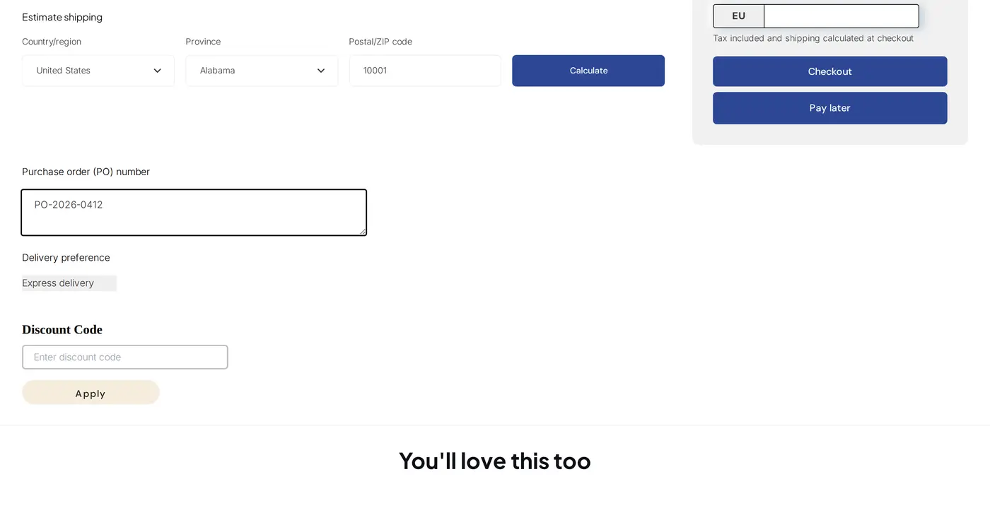 Lower part of a demo storefront cart page with the shipping estimate, a Purchase order (PO) number field filled with PO-2026-0412, a Delivery preference field and a Discount Code box beside the Checkout and Pay later buttons