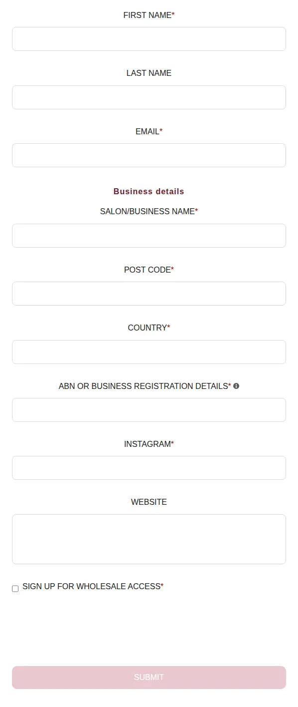 Pret a Prep wholesale application form for Australia with name, email, salon or business name, post code, country, ABN and Instagram fields