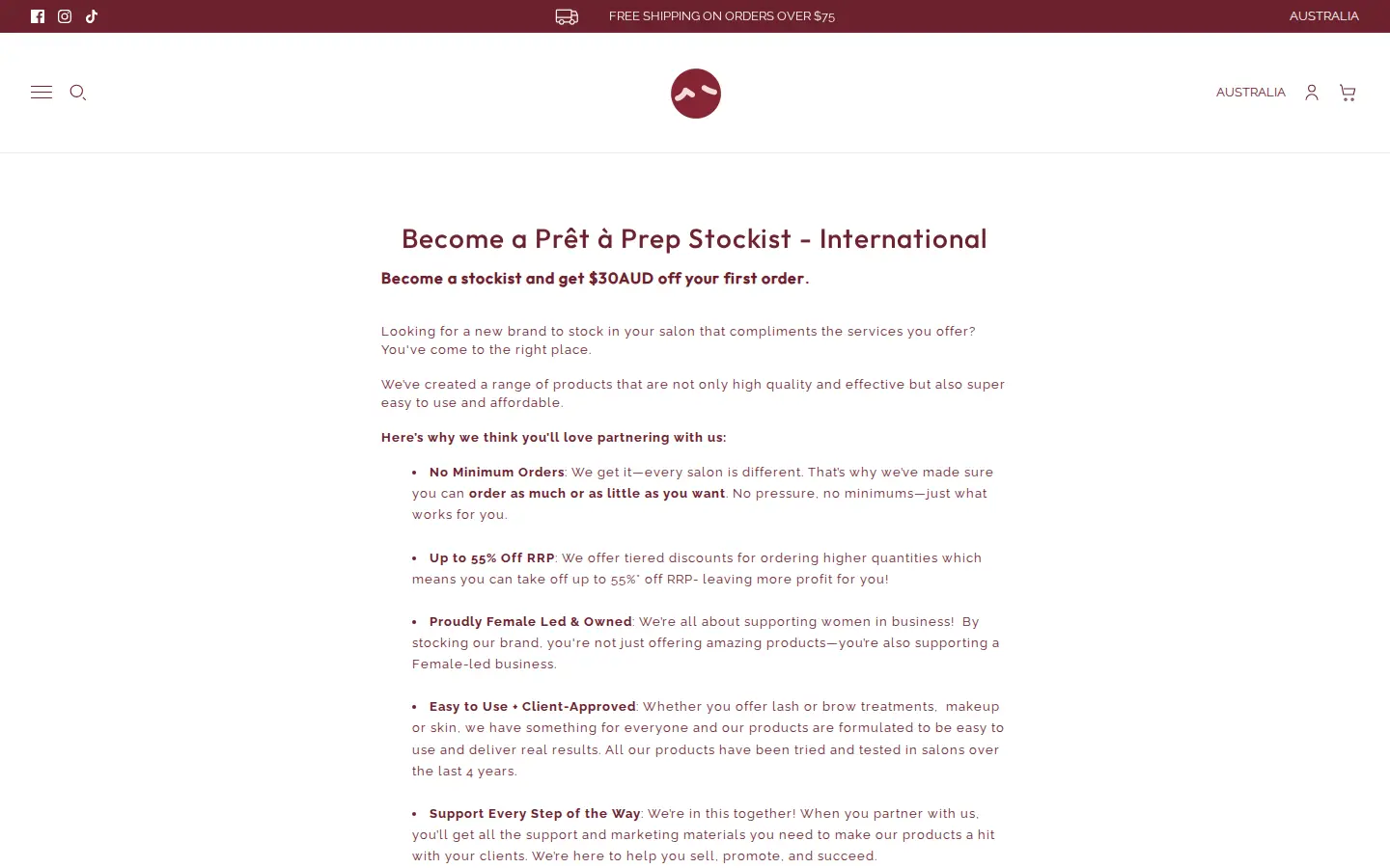 Pret a Prep Become a Stockist International page with the same offer for stockists outside Australia