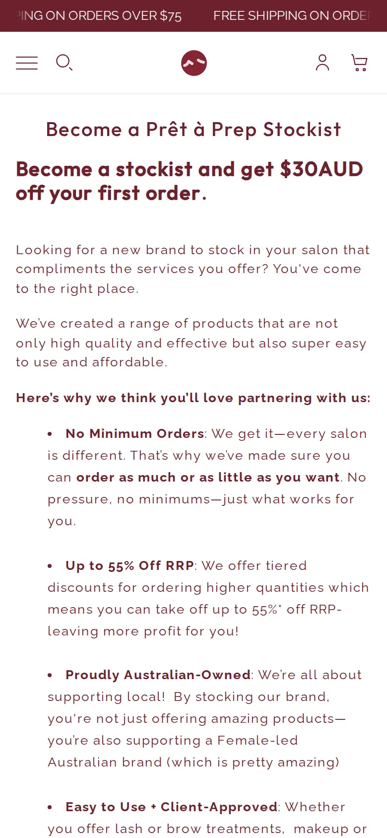 Pret a Prep Become a Stockist page on a phone with the offer headline and the first reasons to partner