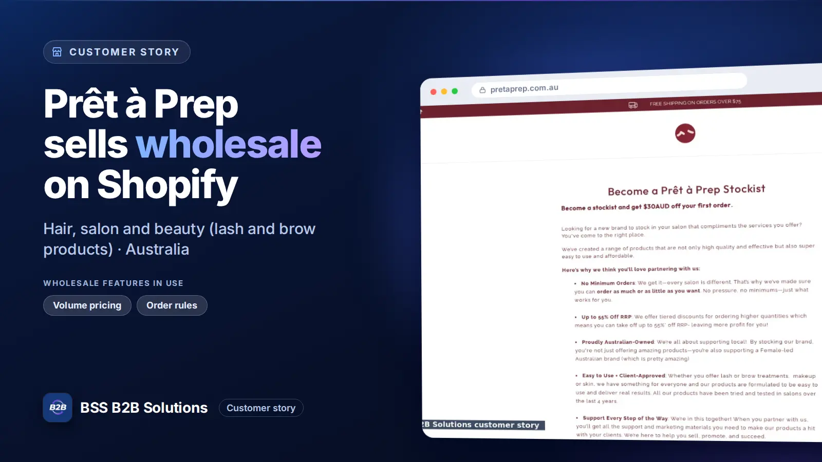 Browser window showing the merchant storefront, Prêt à Prep sells wholesale on Shopify. Cover for: Prêt à Prep: How an Australian Lash and Brow Brand Signs Up Stockists