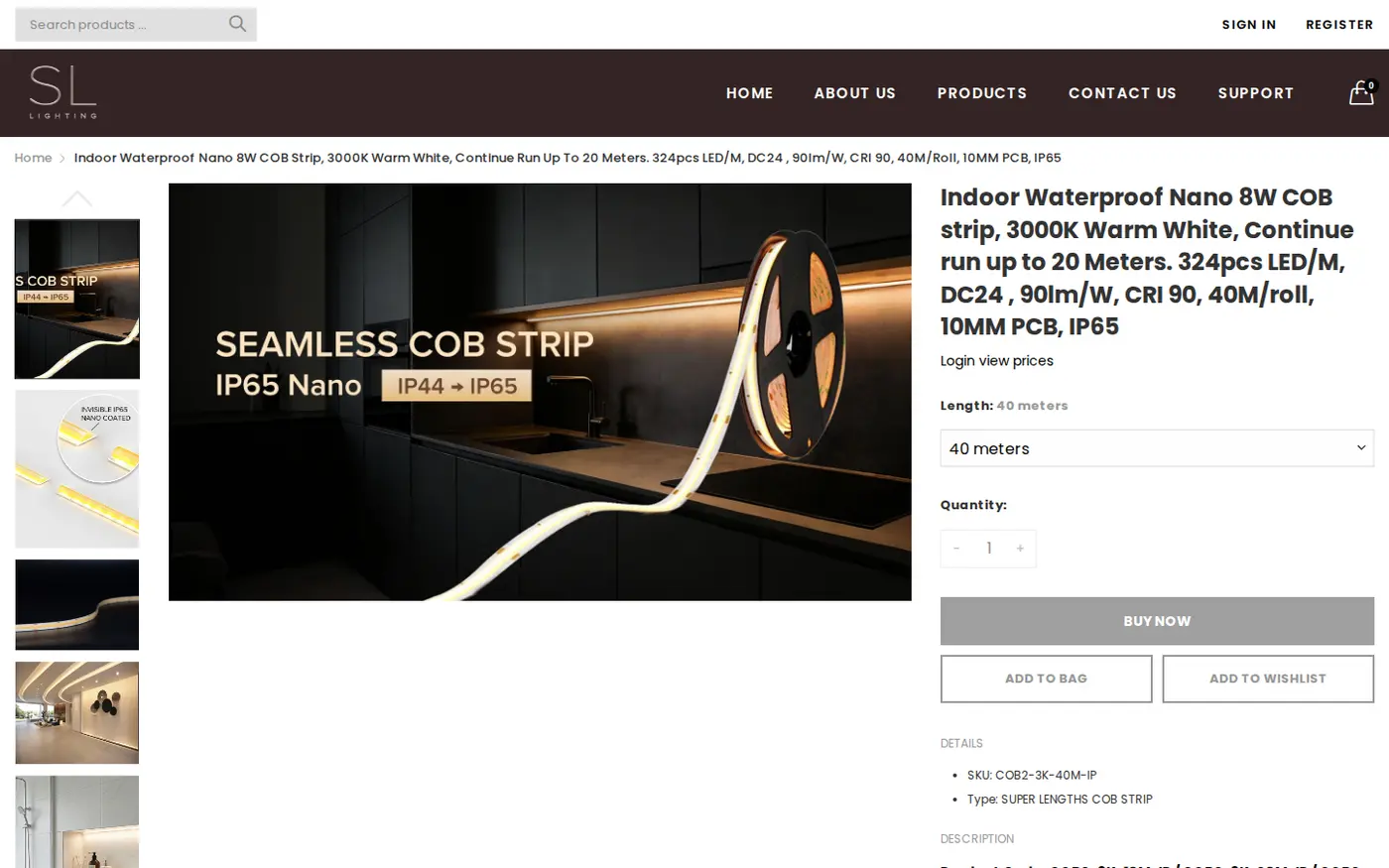 SL Lighting LED strip product page with Login view prices and disabled Buy now, Add to bag and Add to wishlist buttons
