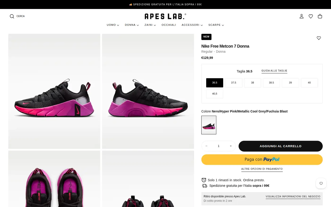 Apes Lab product page in Italian showing one public retail price, size selector, add to cart and PayPal buttons