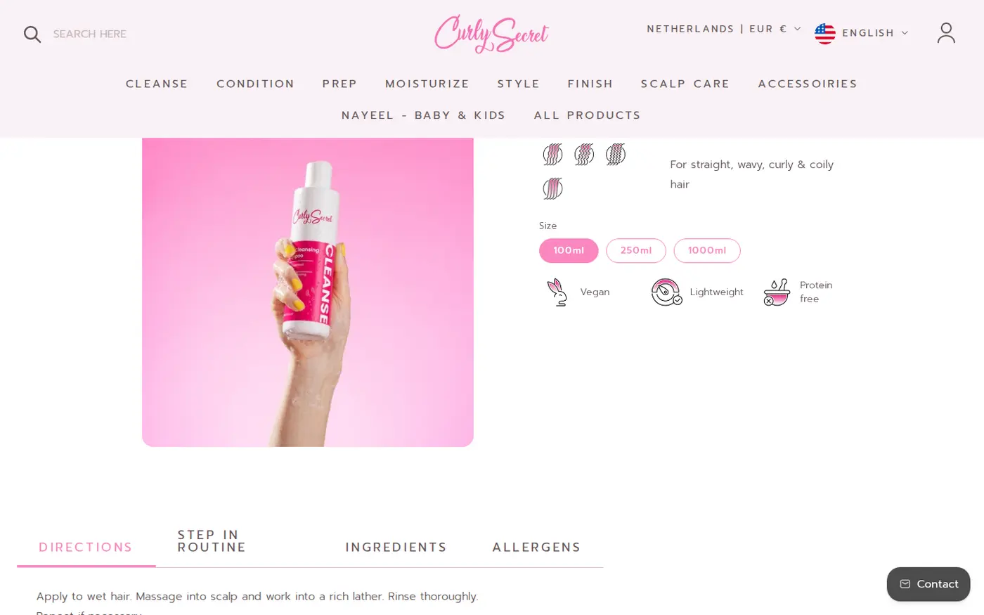 Curly Secret Pro Deep Cleansing Shampoo product page with size options and no price or add to cart button for a guest