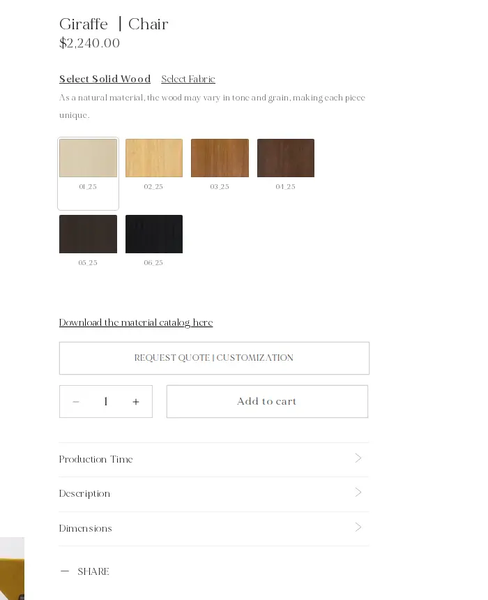 Vasconcellos Studio Giraffe Chair product page with a visible retail price and a request quote and customization button