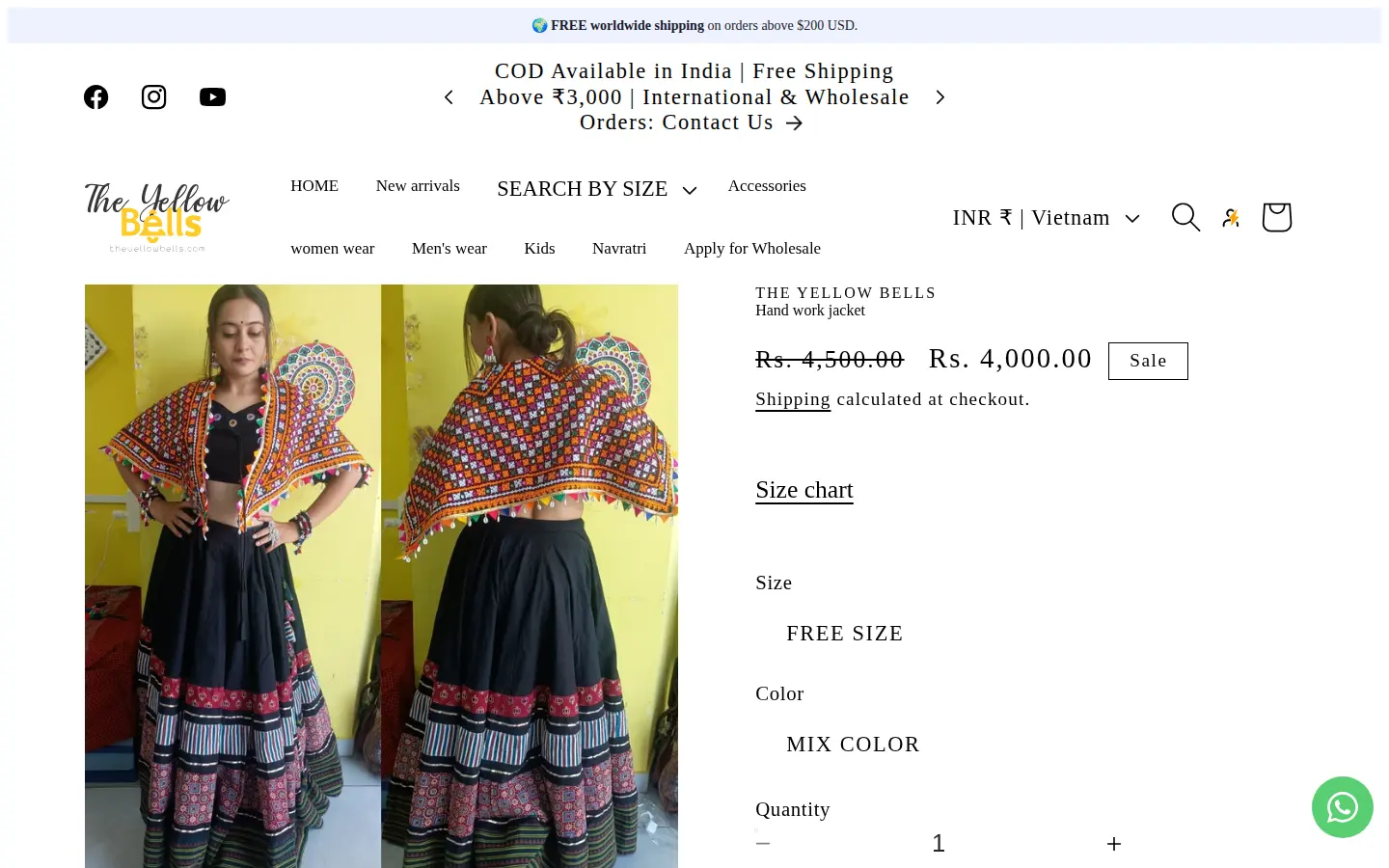 The Yellow Bells product page for a hand work jacket with public price in rupees