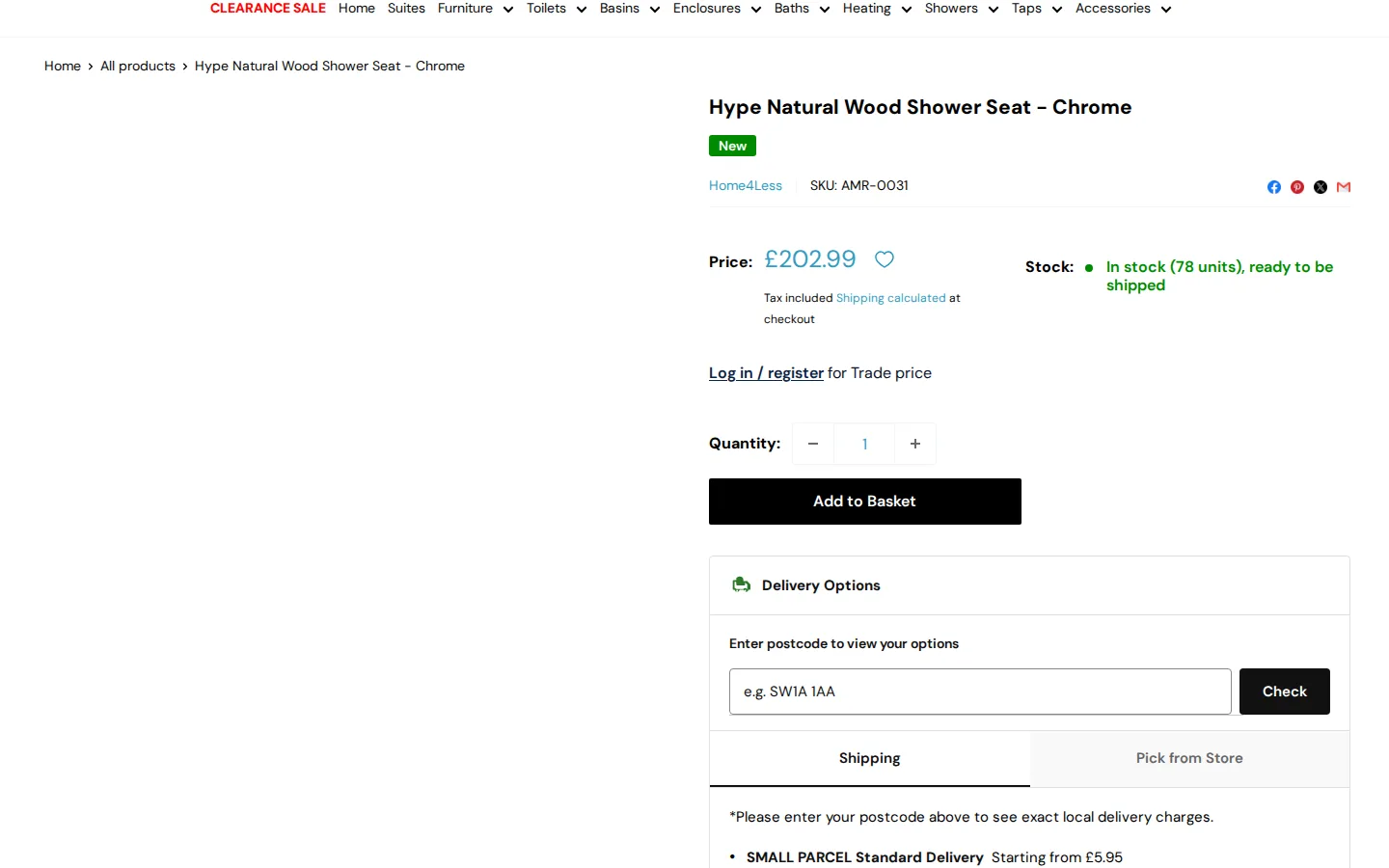 Bathroom4Less product page showing the retail price and a Log in or register for Trade price message