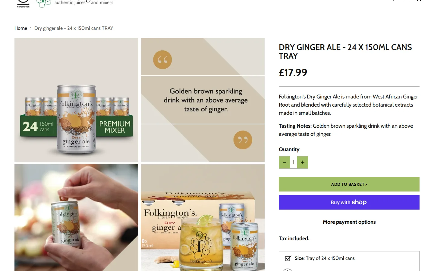 Folkington's product page for a tray of 24 cans of dry ginger ale with a retail price