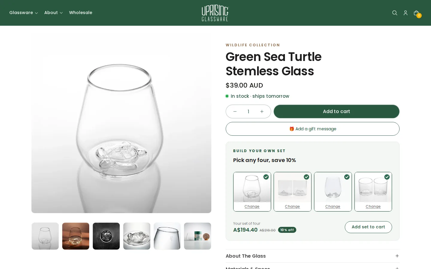 Uprising Glassware product page for a stemless glass with a retail price in Australian dollars