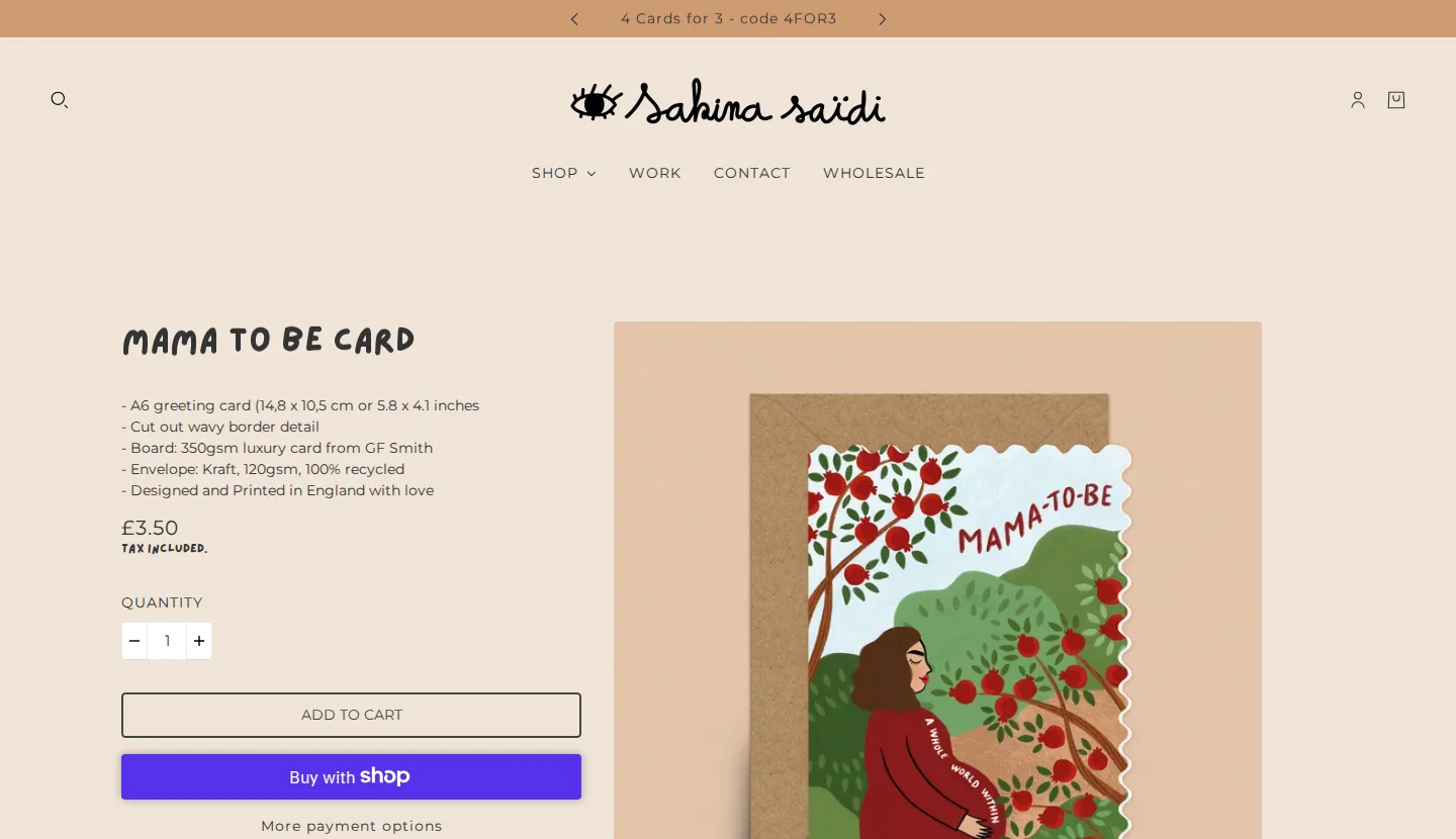 heyimsakina product page for a greeting card with a retail price