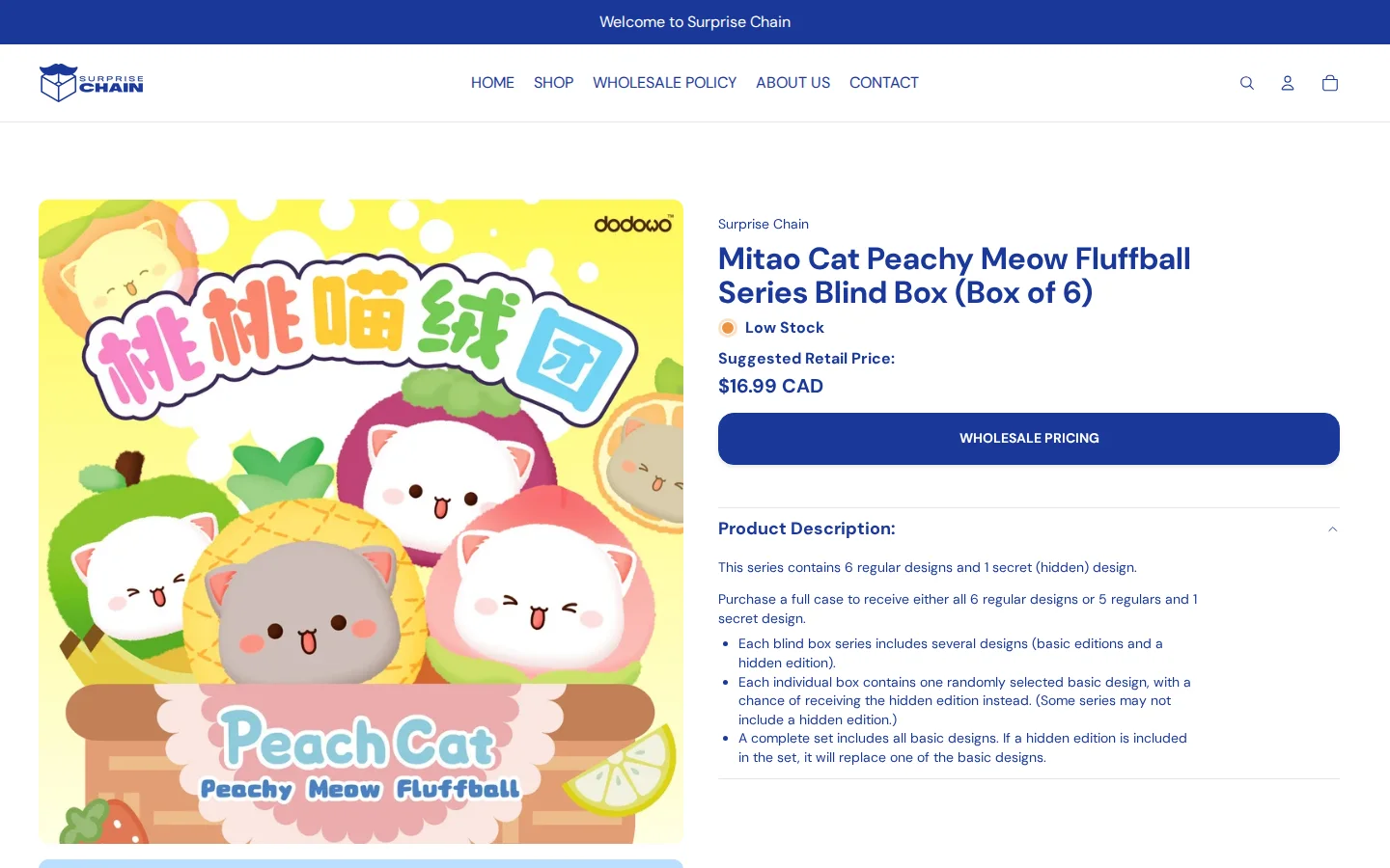 Product page for a blind box showing a suggested retail price in Canadian dollars and a Wholesale Pricing button